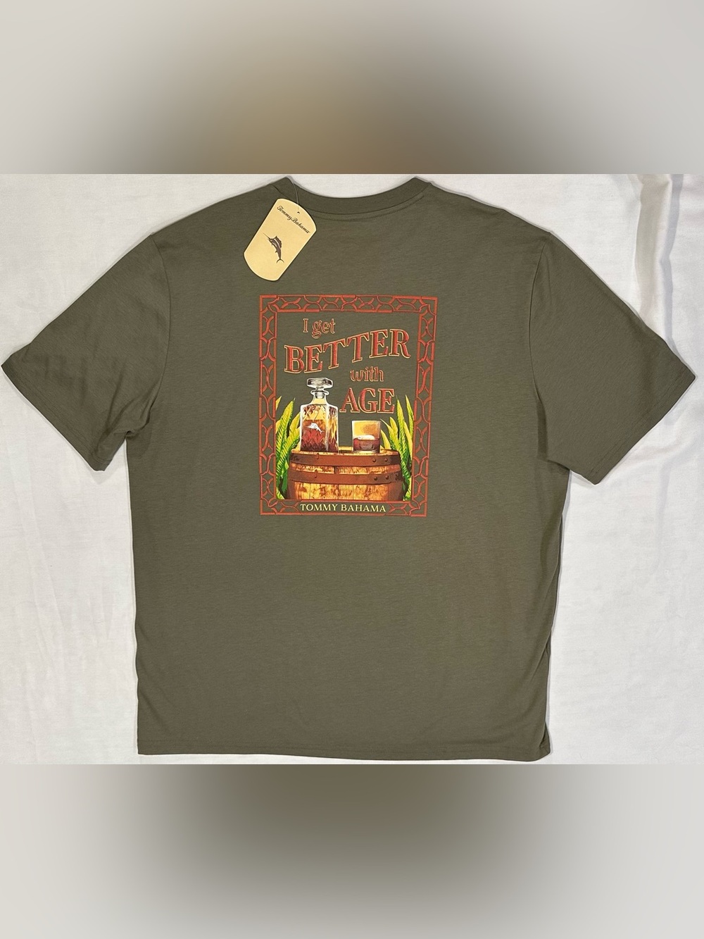 Tommy Bahama Men’s I GET BETTER WITH AGE T-shirt Large Olive NWT Whiskey Bourbon
